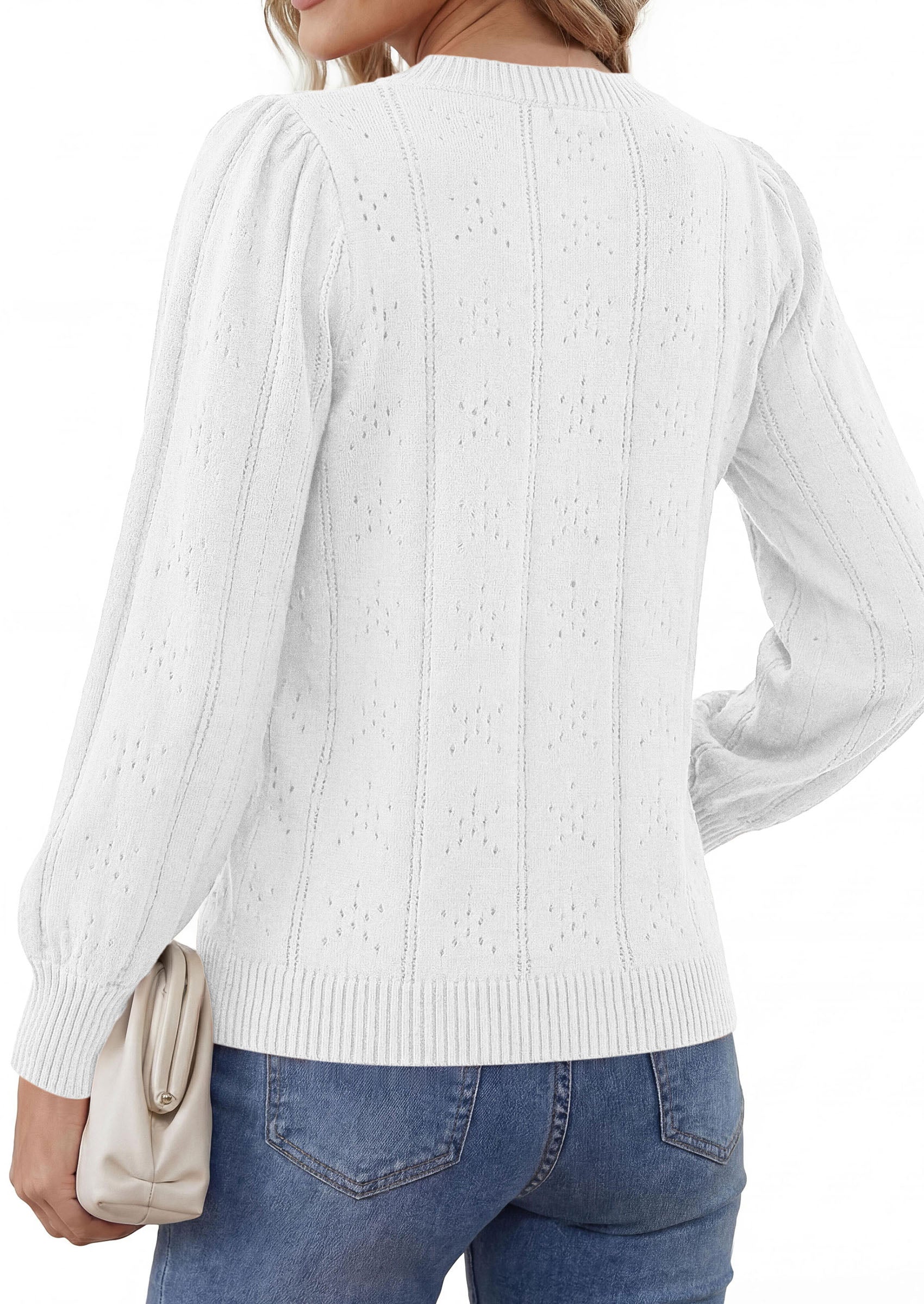 PRETTYGARDEN Women Fall Fashion Hollow Out Holiday Sweaters | Stretchy Cozy Knit, Puff Long Sleeve Pullover Tops, Crewneck Loose Fit, Dressy Casual Blouse, Trendy Winter Going Out Outfits