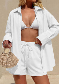 PRETTYGARDEN Women's Summer 2 Piece Matching Lounge Sets Pajamas Long Sleeve Shirts Blouse Pockets Shorts 2026 Spring Outfits