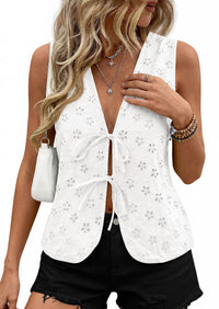 PRETTYGARDEN Women 2026 Summer Tie Front Eyelet Tank Tops Trendy Floral Vest Sleeveless V Neck Dressy Blouse Vacation Outfits PRETTYGARDEN