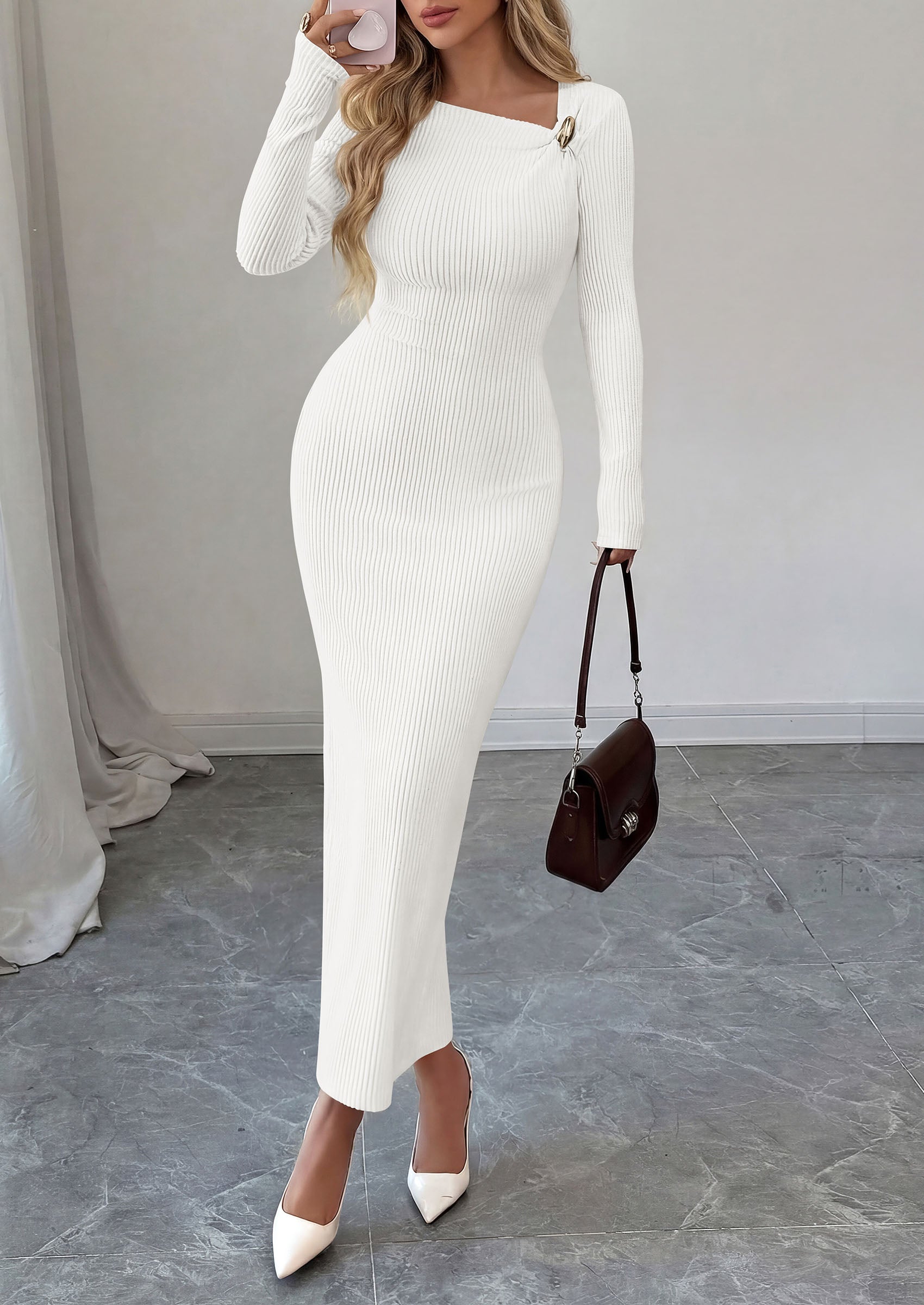 PRETTYGARDEN Womens Fall Long Sleeve Ribbed Sweater Dress | Breathable Knit Fabric, Elegant Bodycon Cut, Fashion Asymmetrical Neck, Night Out Party Dresses, 2026 Trendy Winter Clothes  Price, product page