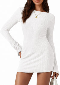 PRETTYGARDEN Womens Fall Bell Long Sleeve Mini Dress 2026 Casual Boat Neck Ribbed Bodycon Short Party Cocktail Dresses