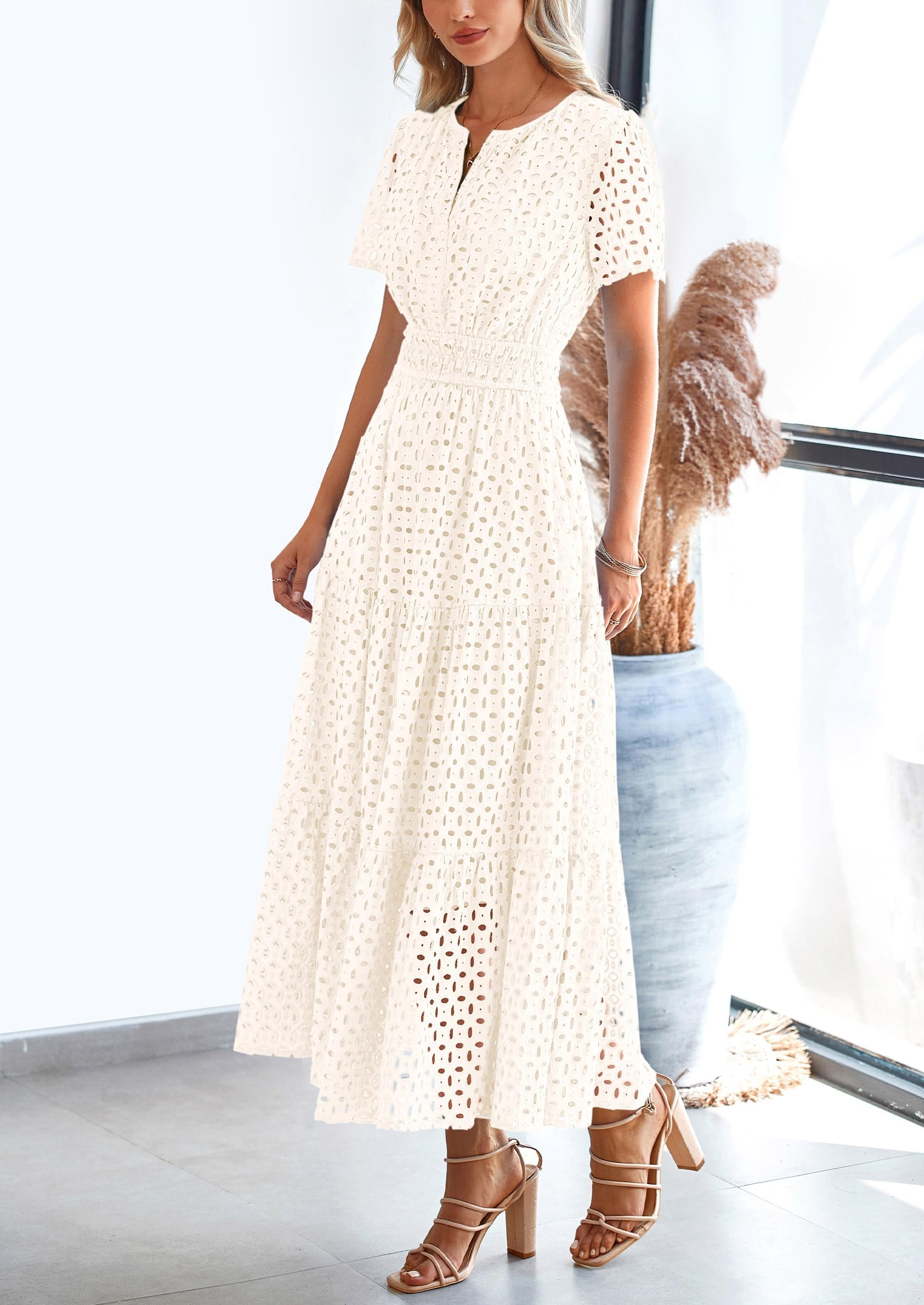 PRETTYGARDEN Womens Maxi Dress Short Sleeve V Neck Hollow Out Eyelet A Line Long Flowy Beach Vacation Dresses