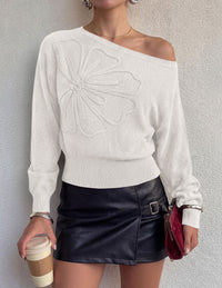 PRETTYGARDEN Women's Fall Off The Shoulder Sweater Tops   | 3D Flower Off Shoulder Sweater, Cinched Waist, Long Sleeve Cropped Sweaters, Knit Pullover Tops, Trendy Date Night Outfit