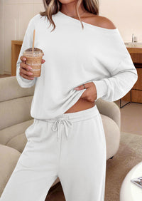 PRETTYGARDEN Womens 2 Piece Casual Matching Lounge Sets  Fashion Off the Shoulder Sweatshirt, Wide Leg Pants with Pockets, Comfy Airport Travel Outfit, 2026 Trendy Fall Set