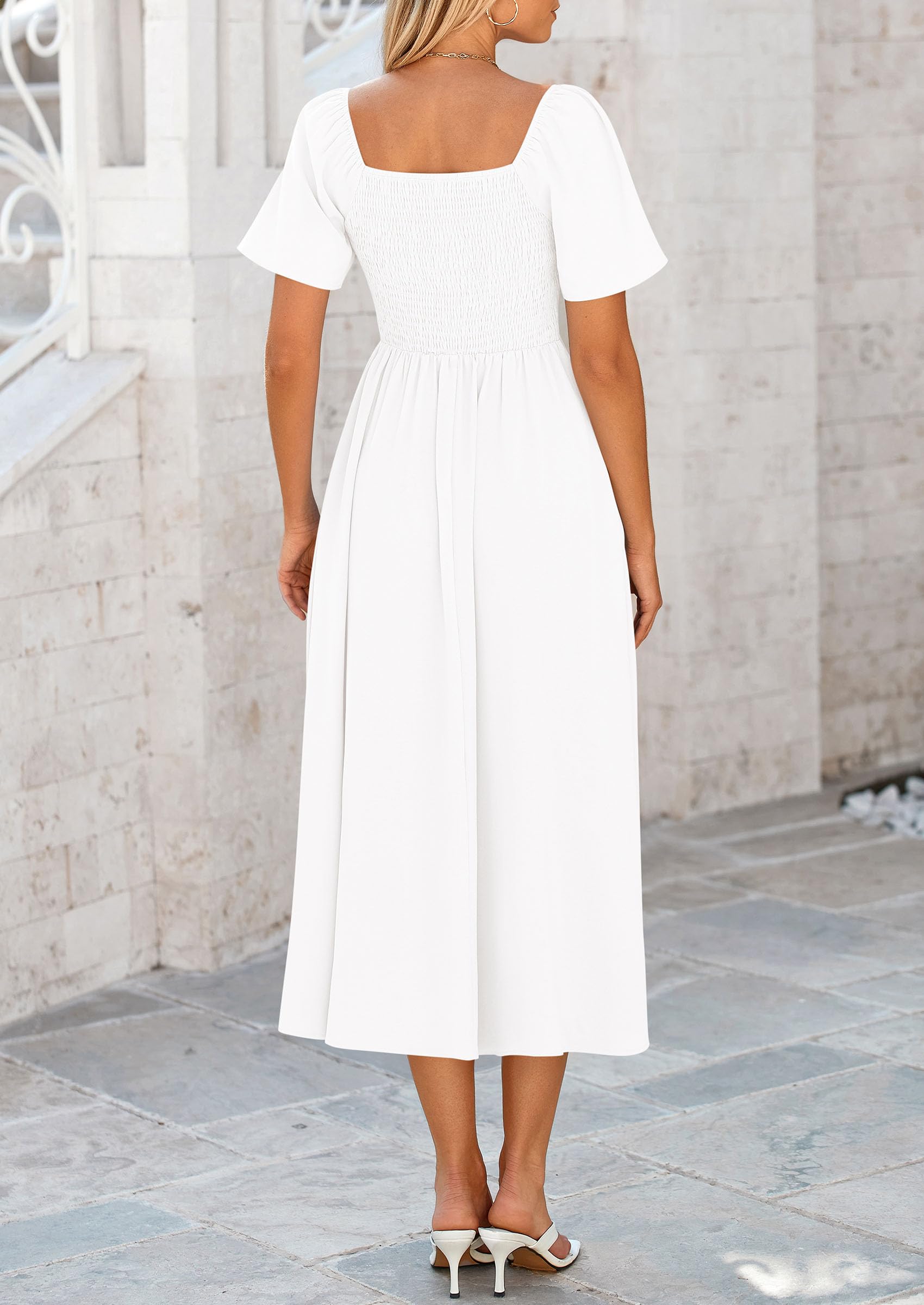 PRETTYGARDEN Summer Dress for Women Casual Short Sleeve Bow Tie V Neck Ruffle Midi Flowy Dresses