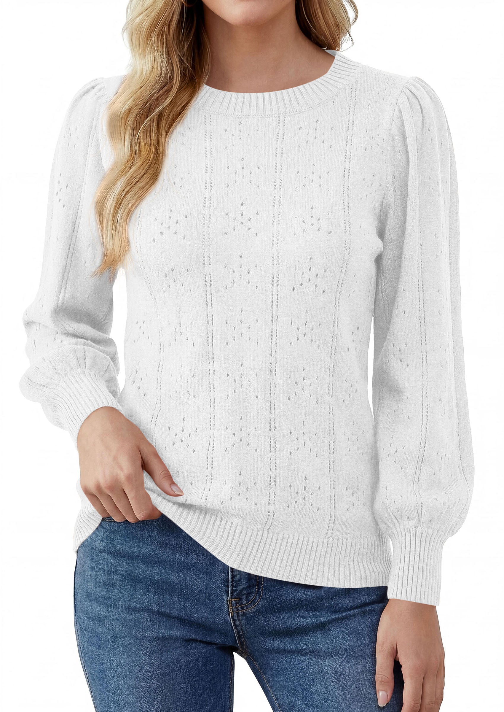 PRETTYGARDEN Women Fall Fashion Hollow Out Holiday Sweaters | Stretchy Cozy Knit, Puff Long Sleeve Pullover Tops, Crewneck Loose Fit, Dressy Casual Blouse, Trendy Winter Going Out Outfits