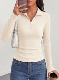 PRETTYGARDEN Women's Fall Quarter Zip Long Sleeve Shirts | Soft Stretchy Ribbed Knit, Collared Zipper Slim Fitted, Raglan Sleeves Pullover, Dressy Casual Tops, Trendy Going Out Outfits
