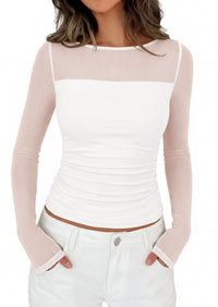 PRETTYGARDEN Women's 2026 Fall Long Sleeve T Shirts Sheer Mesh Boat Neck Ruched Fitted Going Out Summer Tops Fashion Clothing