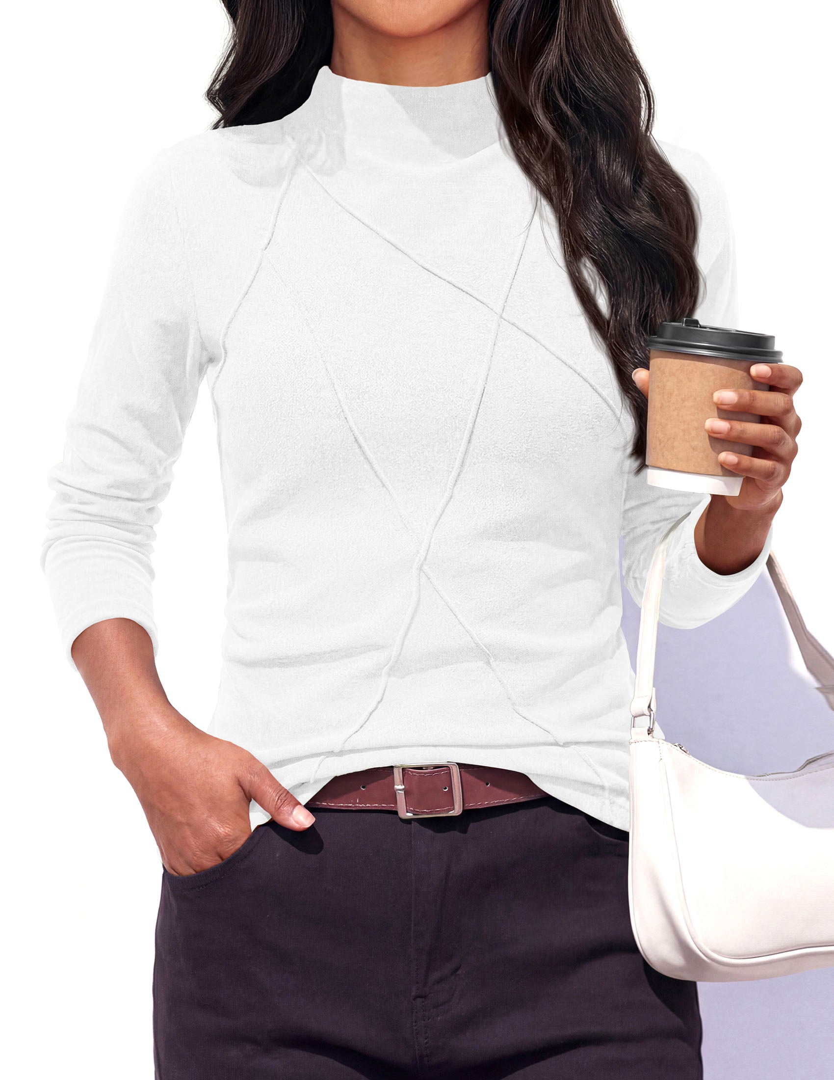 PRETTYGARDEN Women's Fall Mock Neck Long Sleeve Shirts | Soft Stretchy Knit,Geometric Seam Stitching,Slim Fitted Basic Tees,Thermal Casual Wear,Daily Work Layering Winter Tunic Top