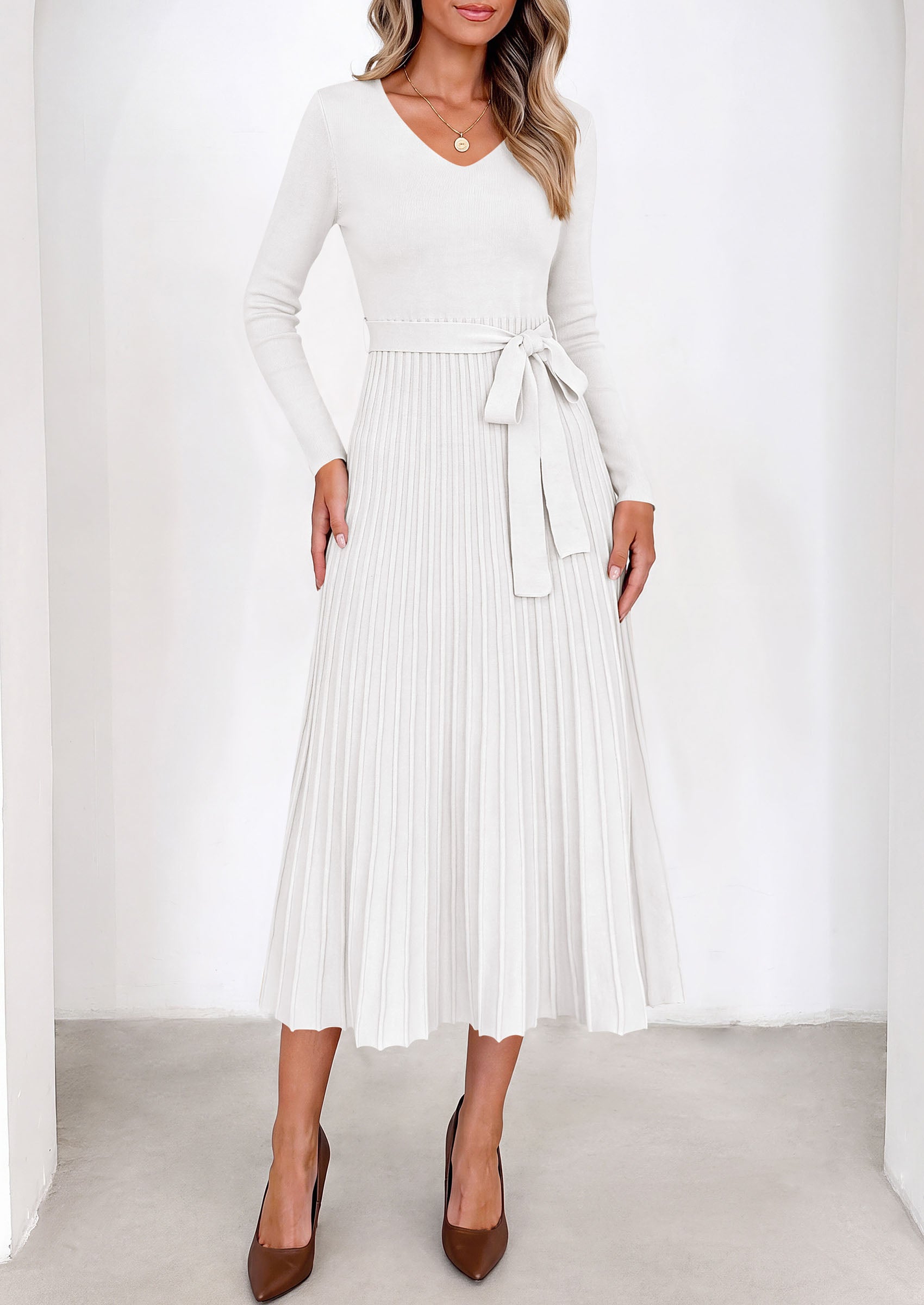 PRETTYGARDEN Womens Fall Maxi Long Sleeve Sweater Dress  Soft Stretchy Knit, V Neck A Line Dresses with Bow, Flowy Pleated Hem, Cocktail Party Outfits, Trendy Winter Clothes