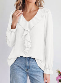 PRETTYGARDEN Women Early Fall Fashion Dressy Casual Blouses  | Comfy Lightweight,Lantern Long Sleeve Shirts,Cute Ruffle V Neck,Going Out Tops,Business Work Outfits,Trendy Daily Clothes