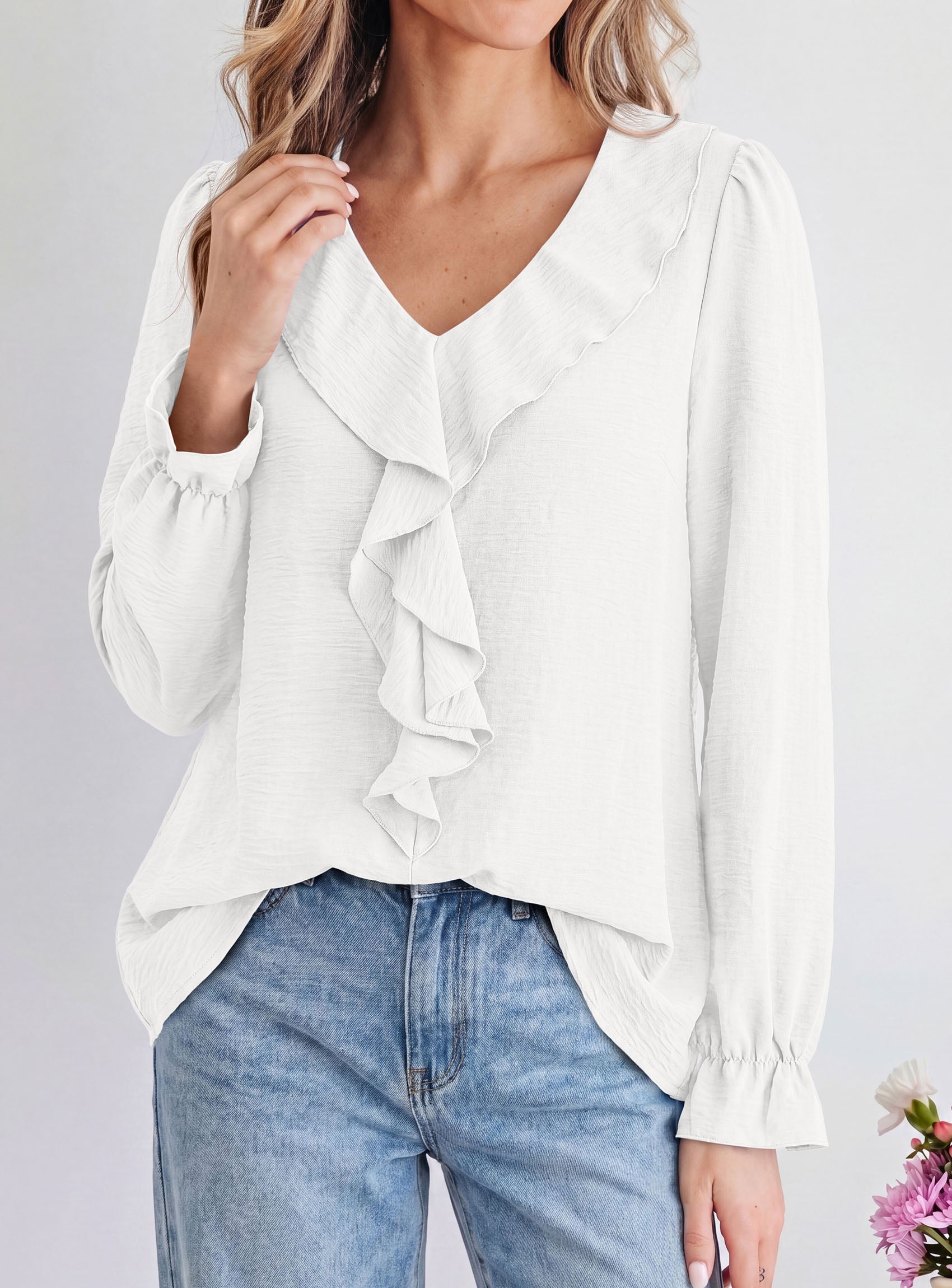 PRETTYGARDEN Women Early Fall Fashion Dressy Casual Blouses  | Comfy Lightweight,Lantern Long Sleeve Shirts,Cute Ruffle V Neck,Going Out Tops,Business Work Outfits,Trendy Daily Clothes