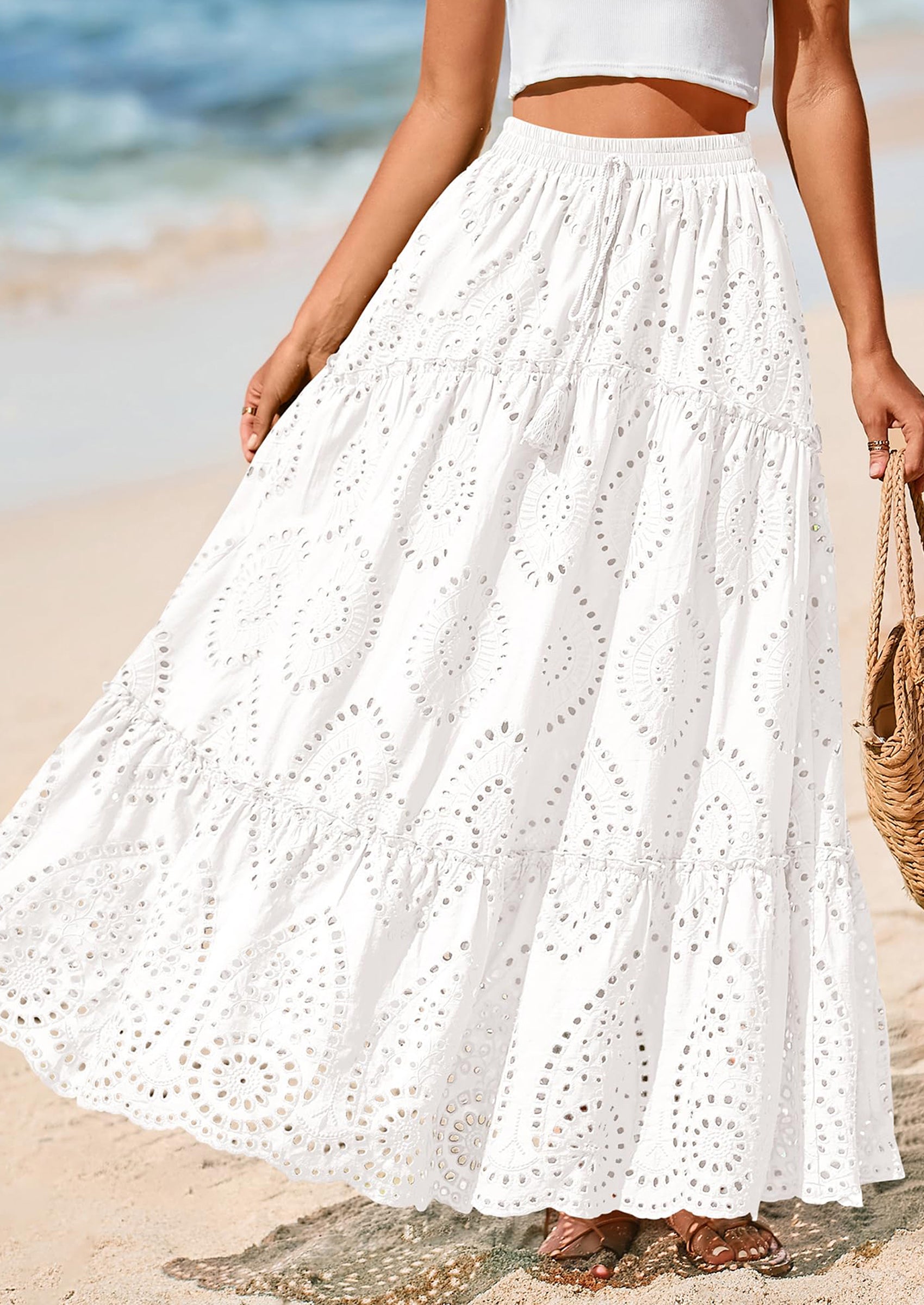 BTFBM Women's Boho Casual Skirts Summer Lace Embroidery Eyelet Elastic Waist Flowy Tiered A-Line Beach Maxi Skirt