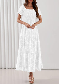 PRETTYGARDEN Women's 2026 Summer Boho Maxi Dresses Floral Short Sleeve Square Neck Smocked Flowy Long Dress Vacation Outfits PRETTYGARDEN