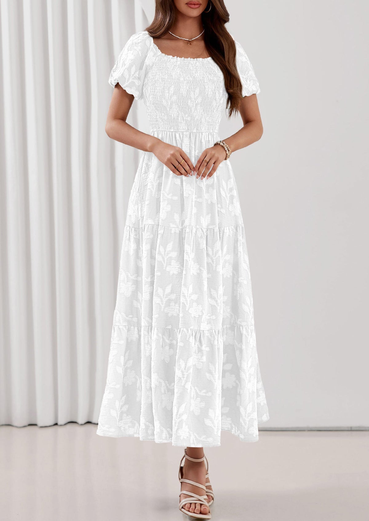 PRETTYGARDEN Women's 2026 Summer Boho Maxi Dresses Floral Short Sleeve Square Neck Smocked Flowy Long Dress Vacation Outfits PRETTYGARDEN