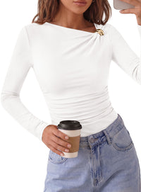 PRETTYGARDEN Long Sleeve Shirts for Women 2026 Ruched Knit Asymmetrical Tight Fitted Going Out Tops Y2k Fall Clothes