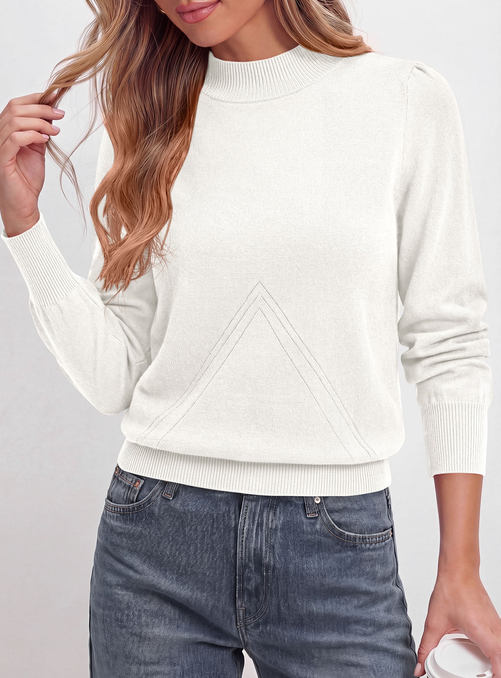 PRETTYGARDEN Womens Fall Mock Neck Long Sleeve Sweater  Soft Stretchy Fabric, V-Shape Knit Pattern, Chic Puff Sleeves, Ribbed Trim Pullover Sweaters, Casual Work Office Outfits