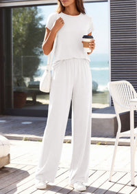 PRETTYGARDEN Women's 2026 Summer 2 Piece Matching Lounge Sets Short Sleeve Shirts Wide Leg Pants Travel Airport Outfits
