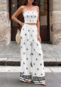 PRETTYGARDEN 2 Piece Sets for women Summer 2026 Travel Outfits Print Tube Tops Wide Leg Pants Beach Vacation Clothes