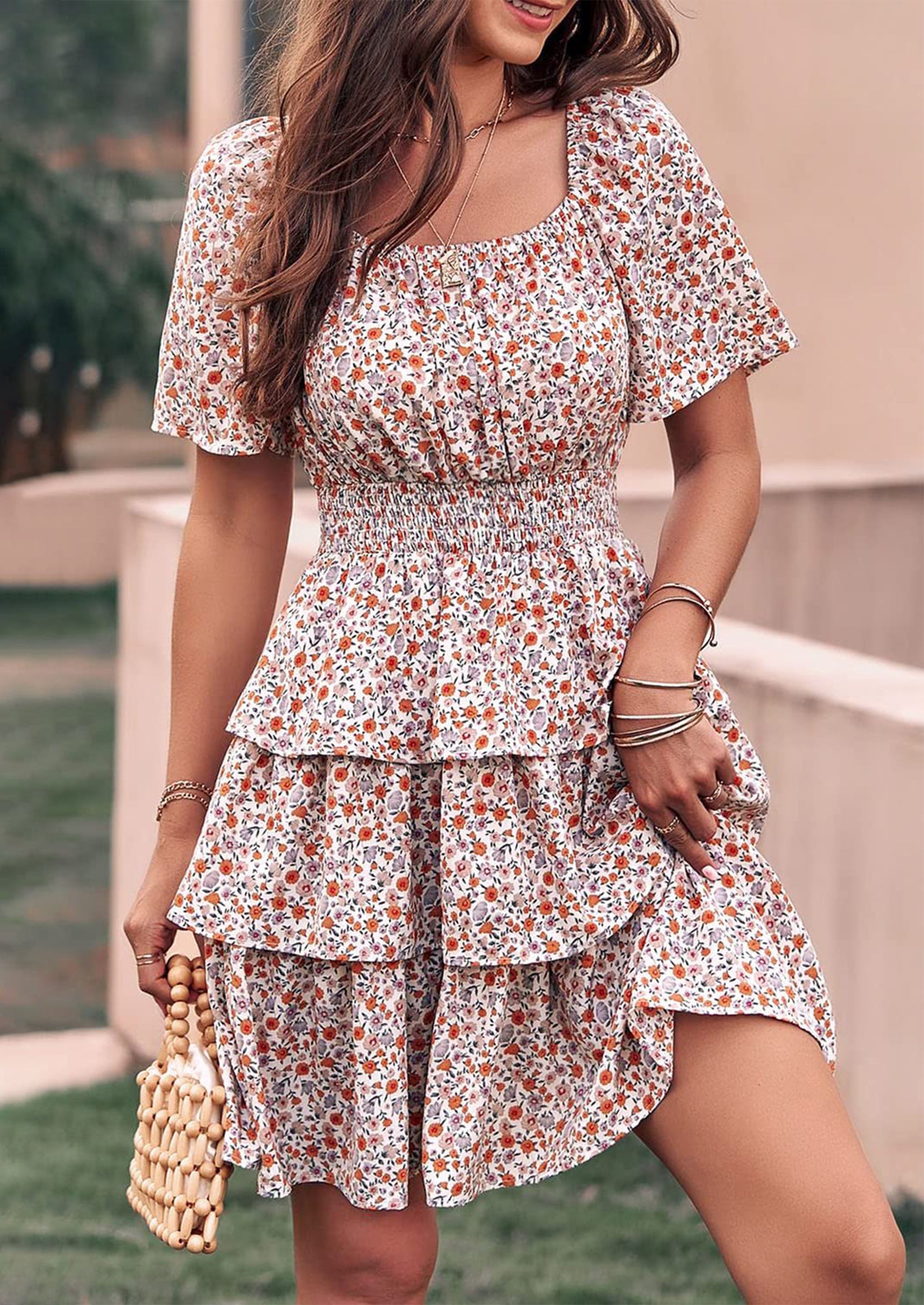 PRETTYGARDEN Women Floral Square Neck Short Sleeve Tiered Ruffle Boho Mini Dresses