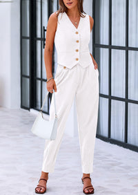 PRETTYGARDEN Two Piece V Neck Button Front Cropped Tank Tops Vest Pockets Pants Cotton Sets