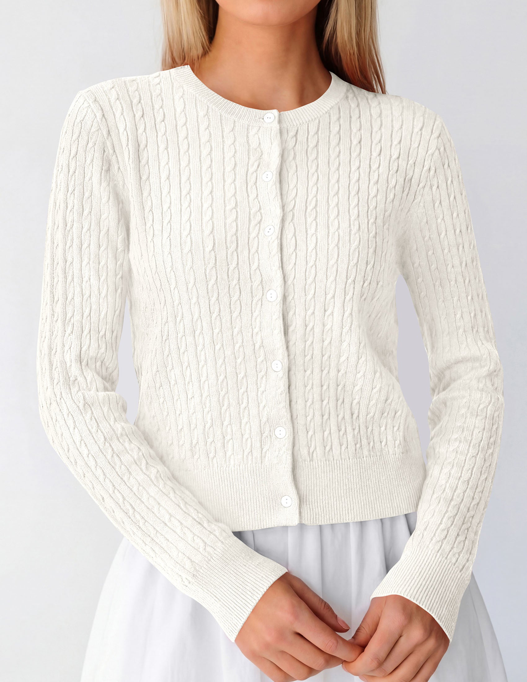PRETTYGARDEN Women Lightweight Button Up Cardigan Sweaters | Soft Stretchy, Cozy Cable Knit, Long Sleeve Crew Neck, Trendy Cardigans, Cute Casual Outfits, Early Fall Fashion Clothing