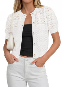 PRETTYGARDEN Summer Crochet Cardigan Sweaters for Women Cropped Button Short Sleeve Sweater Lightweight Knit Spring Tops PRETTYGARDEN