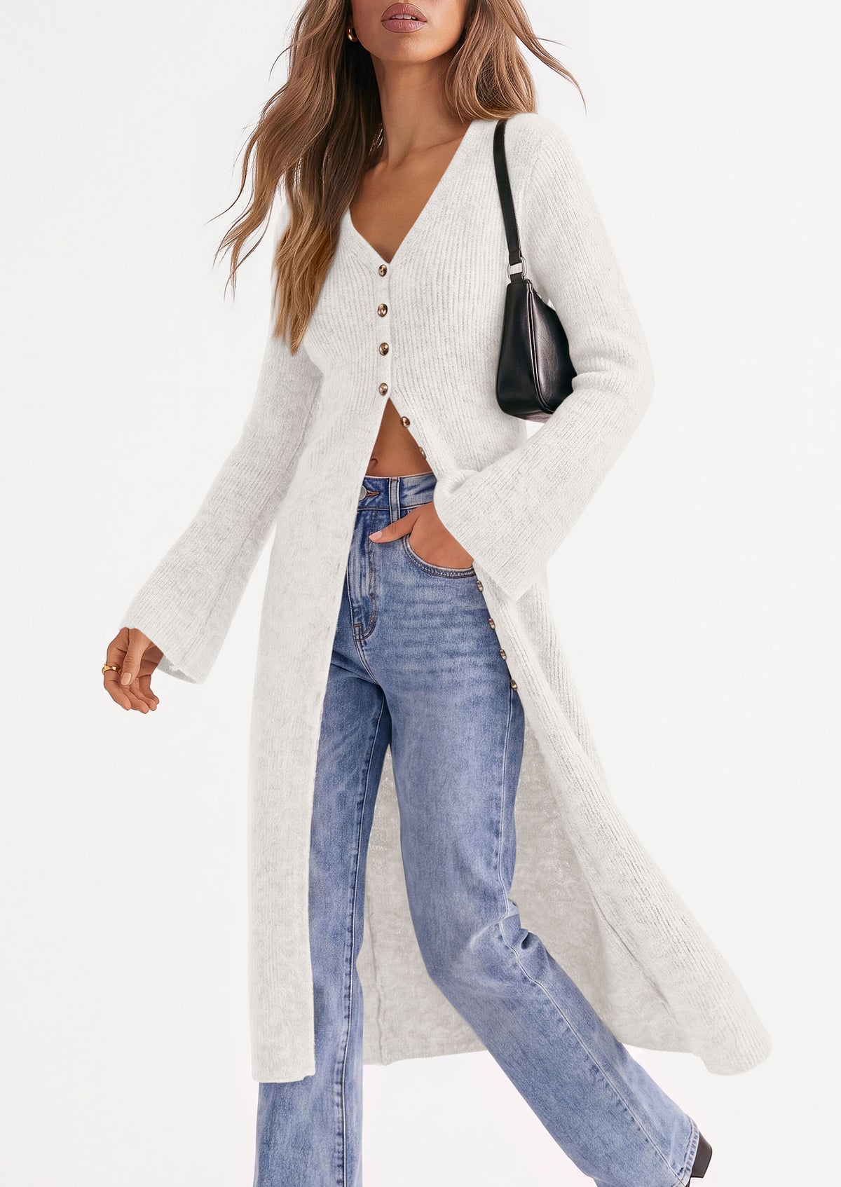 PRETTYGARDEN Women Long Cardigan Bell Sleeve Sweater Dress  Early Fall Fashion, V Neck Button Down Coats, Fit and Flare, Duster Sweater, Business Casual Outfits, Acrylic Cotton Blend