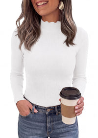 PRETTYGARDEN Women's Fall Long Sleeve Shirts Basic Tees | Soft Stretchy Ribbed Fabric, Lettuce Trim Mock Neck, Slim Fitted Cute Tops, Layering Fashion Clothing, Trendy Casual Outfits