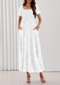 PRETTYGARDEN Women's 2026 Summer Boho Maxi Dresses Floral Short Sleeve Square Neck Smocked Flowy Long Dress Vacation Outfits PRETTYGARDEN
