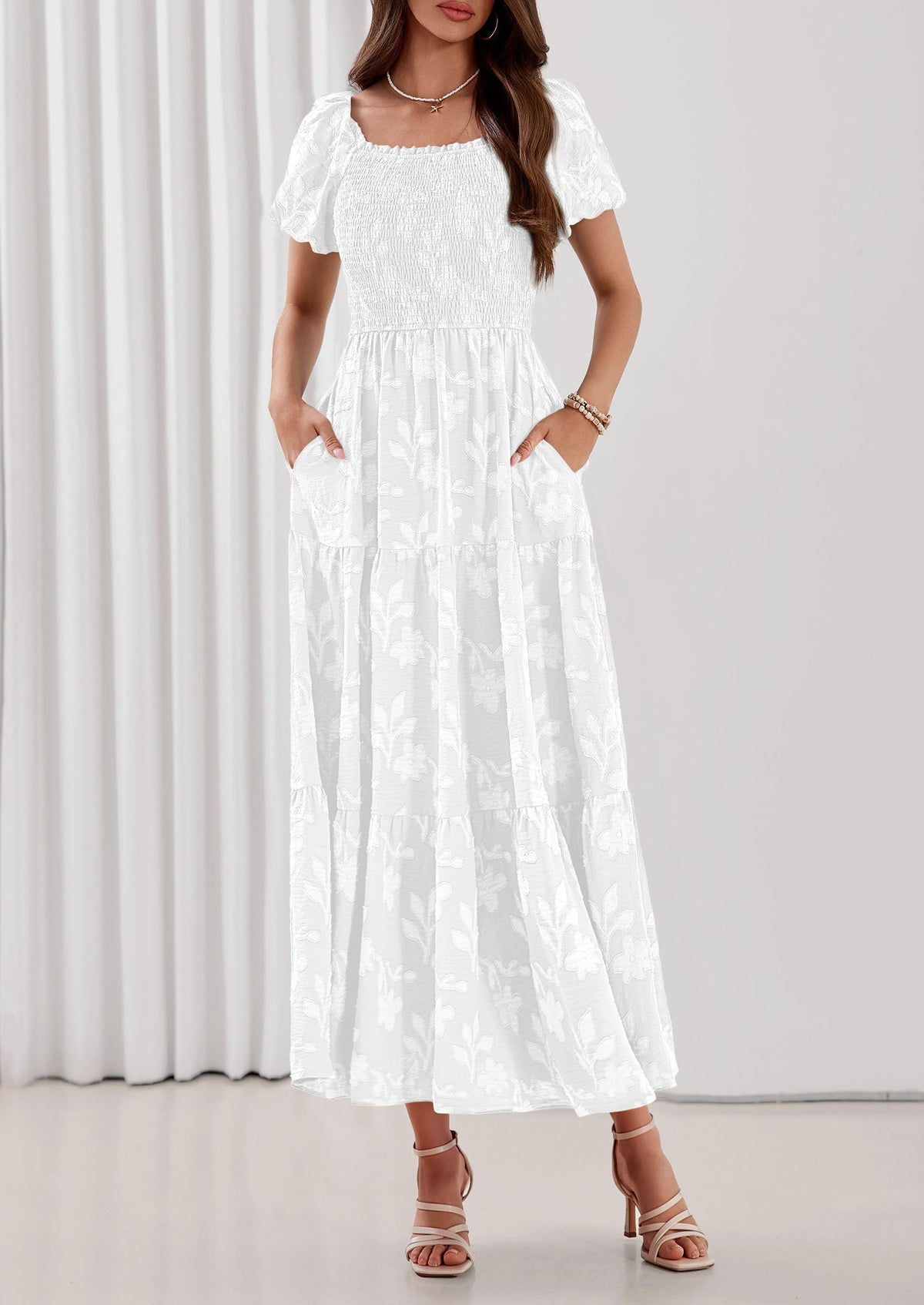PRETTYGARDEN Women's 2026 Summer Boho Maxi Dresses Floral Short Sleeve Square Neck Smocked Flowy Long Dress Vacation Outfits PRETTYGARDEN