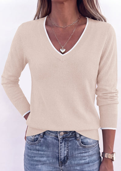 PRETTYGARDEN Women's V Neck Sweater Long Sleeve Knit Tops | Contrast Trim, Cozy Lightweight Pullover, Loose Basic Soft, Business Casual, Holiday Vacation Outfits, Fall Winter Clothes