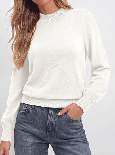 PRETTYGARDEN Womens Fall Mock Neck Long Sleeve Sweater  Soft Stretchy Fabric, V-Shape Knit Pattern, Chic Puff Sleeves, Ribbed Trim Pullover Sweaters, Casual Work Office Outfits