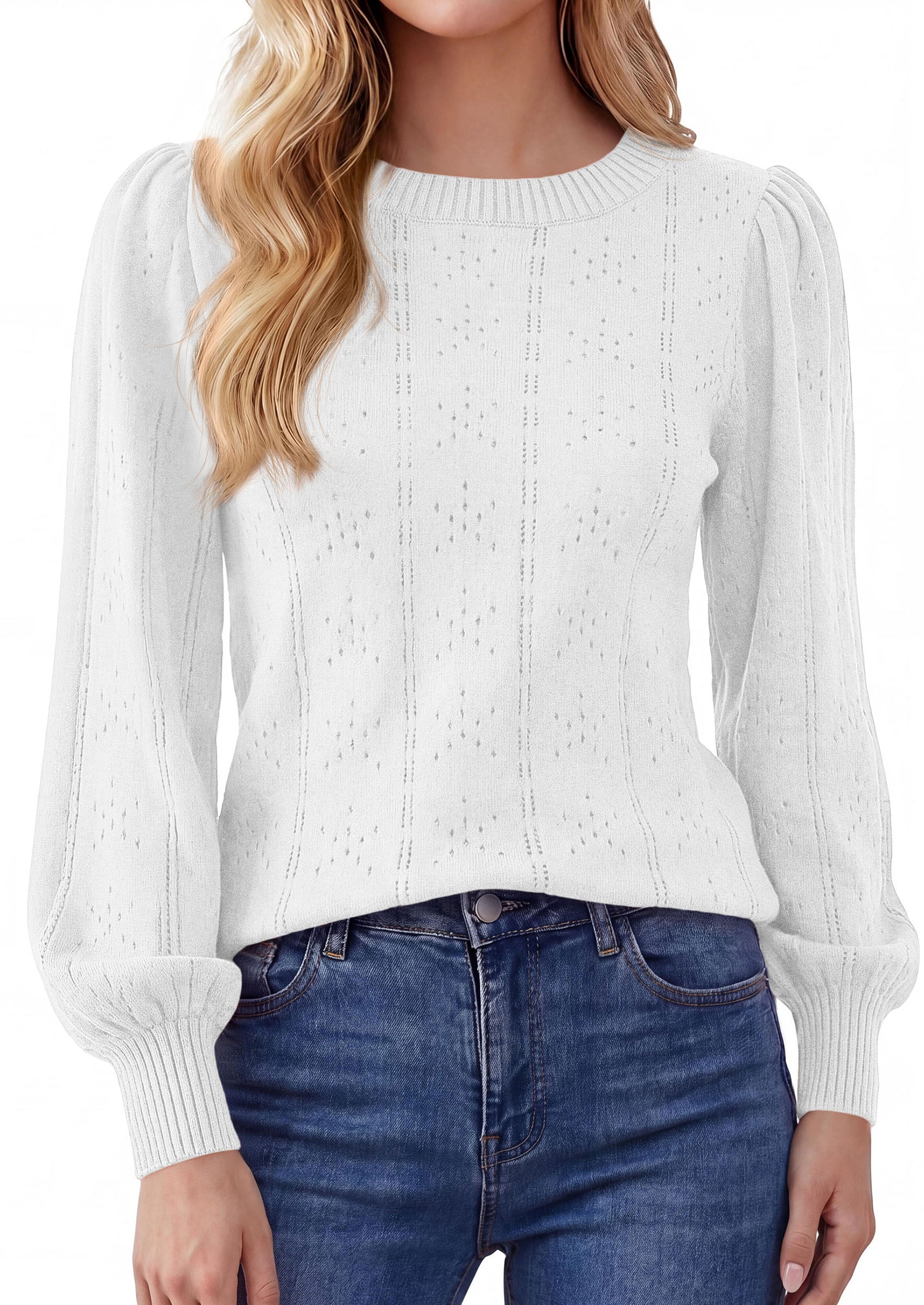 PRETTYGARDEN Women Fall Fashion Hollow Out Holiday Sweaters | Stretchy Cozy Knit, Puff Long Sleeve Pullover Tops, Crewneck Loose Fit, Dressy Casual Blouse, Trendy Winter Going Out Outfits