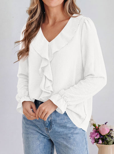 PRETTYGARDEN Women Early Fall Fashion Dressy Casual Blouses  | Comfy Lightweight,Lantern Long Sleeve Shirts,Cute Ruffle V Neck,Going Out Tops,Business Work Outfits,Trendy Daily Clothes