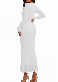 PRETTYGARDEN Womens Long Sleeve Bodycon Sweater Dress  Stretchy Ribbed Knit,Fringe Trim Cuffs & Hem,Slim Fit Crewneck,Date Night Outfits,Fall Winter Wedding Guest Cocktail Dresses