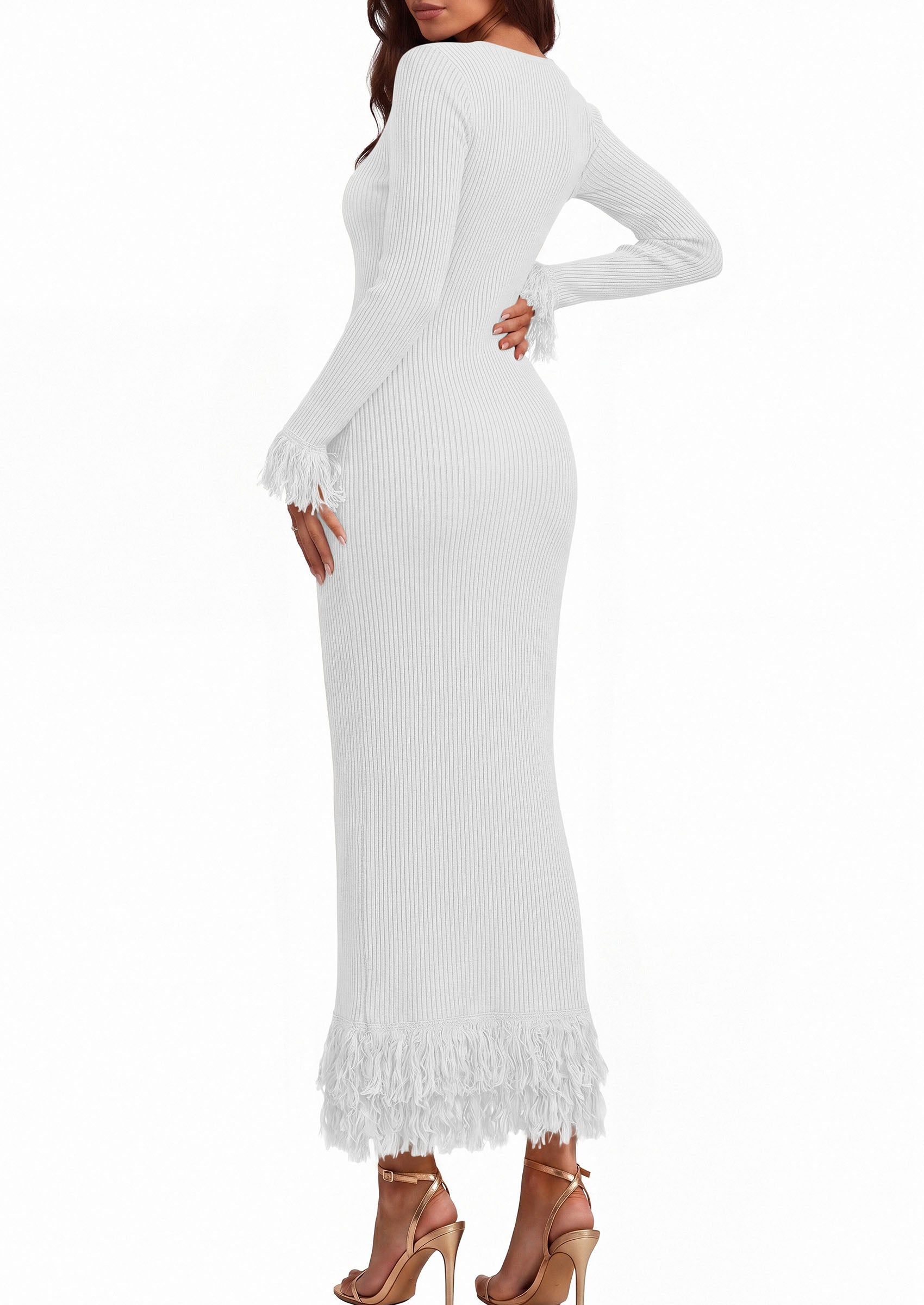 PRETTYGARDEN Womens Long Sleeve Bodycon Sweater Dress  Stretchy Ribbed Knit,Fringe Trim Cuffs & Hem,Slim Fit Crewneck,Date Night Outfits,Fall Winter Wedding Guest Cocktail Dresses