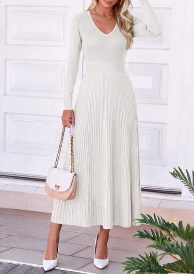 PRETTYGARDEN Women's Fall V Neck Pleated Midi Sweater Dress  Stretchy Ribbed Knit,Long Sleeve,A Line Flowy Skirt,Elegant Long Dresses for Wedding Guest,Work Office,Winter Party Outfits