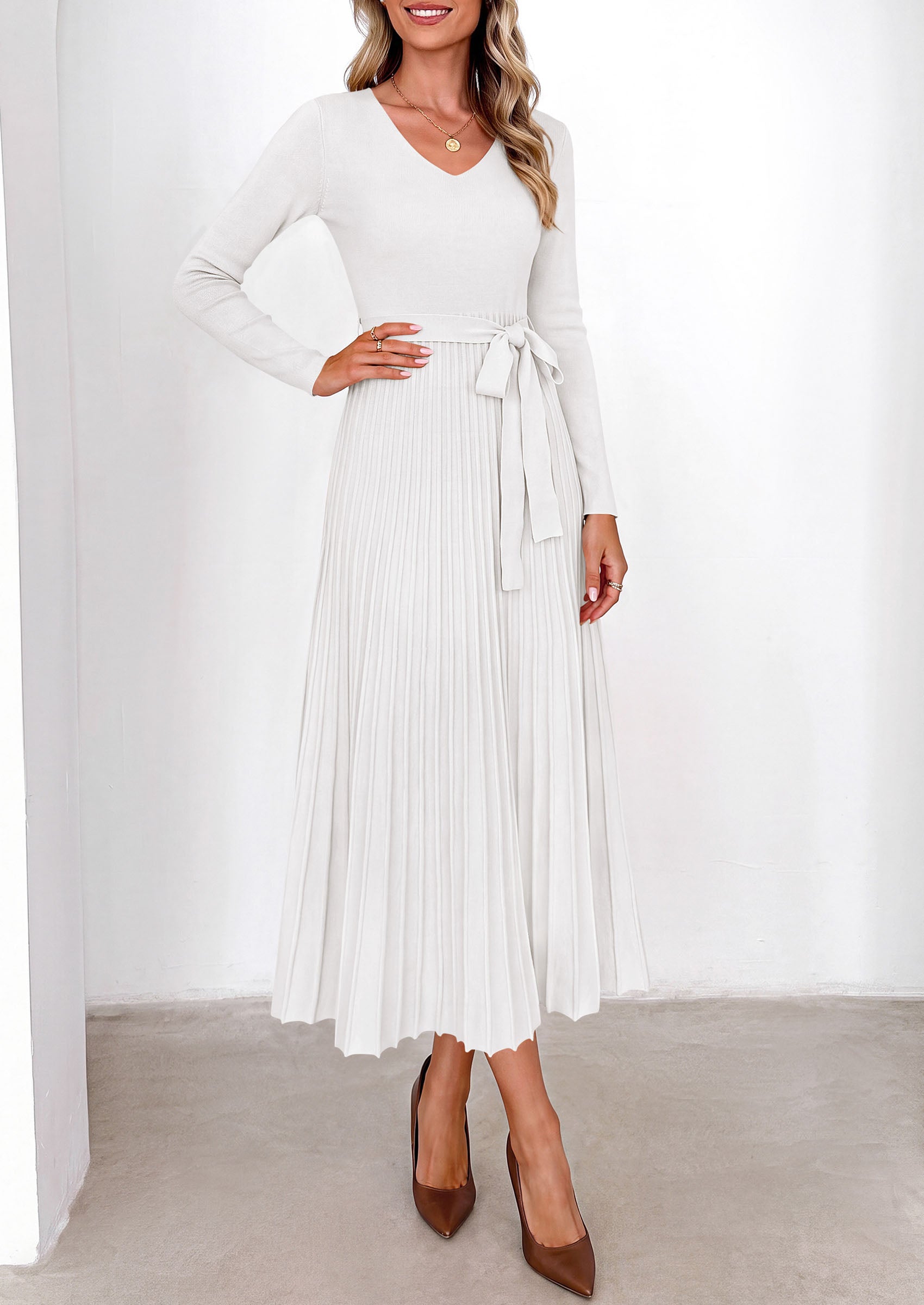 PRETTYGARDEN Womens Fall Maxi Long Sleeve Sweater Dress  Soft Stretchy Knit, V Neck A Line Dresses with Bow, Flowy Pleated Hem, Cocktail Party Outfits, Trendy Winter Clothes