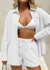 PRETTYGARDEN Women's Summer 2 Piece Matching Lounge Sets Pajamas Long Sleeve Shirts Blouse Pockets Shorts 2026 Spring Outfits
