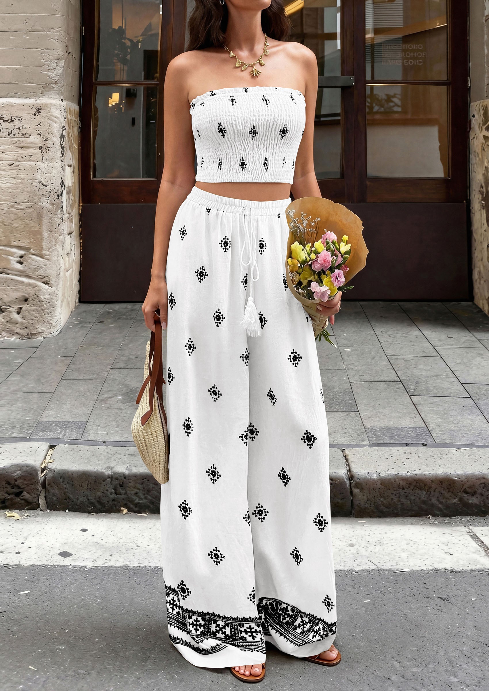 PRETTYGARDEN 2 Piece Sets for women Summer 2026 Travel Outfits Print Tube Tops Wide Leg Pants Beach Vacation Clothes