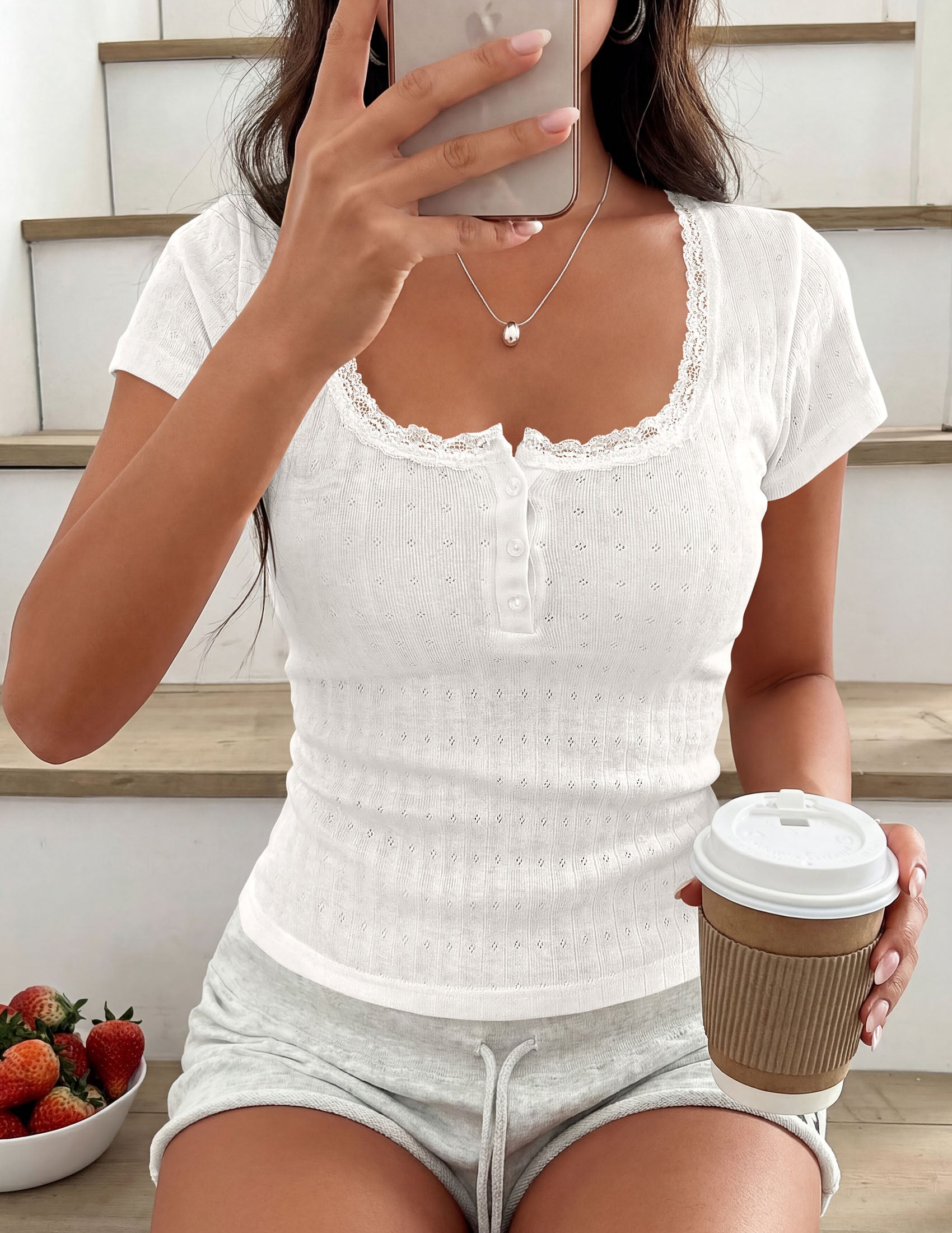 PRETTYGARDEN Summer Tops for Women 2026 Short Sleeve Lace Trim Slim Fitted Henley Tee Shirts Y2K Fashion Clothing PRETTYGARDEN