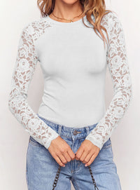 PRETTYGARDEN Sheer Lace Raglan Long Sleeve Shirts for Women | Soft Stretchy Knit,See Through Floral Sleeves,Crewneck Fitted Tshirts,Daily Going Out Tops,Office Layer,Fall Fashion Clothing