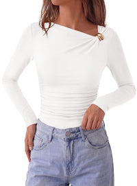 PRETTYGARDEN Long Sleeve Shirts for Women 2026 Ruched Knit Asymmetrical Tight Fitted Going Out Tops Y2k Fall Clothes