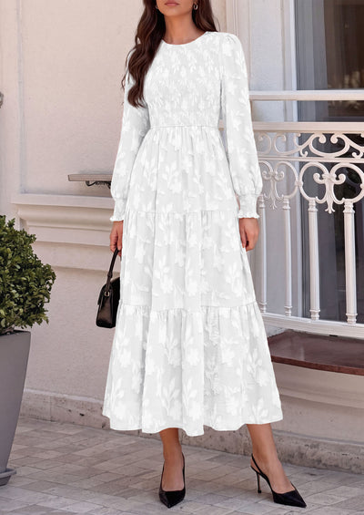 PRETTYGARDEN Fall Floral Long Sleeve Wedding Guest Dress for Women Pockets | Casual Textured Jacquard Smocked High Waist A-line Boho Flowy Midi Dress, Semi Formal Cocktail Dresses for Women 2026