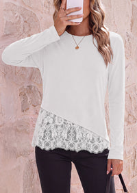 PRETTYGARDEN Women's Lace Patchwork Long Sleeve Shirts | Soft Casual Tops,Irregular Asymmetrical Hem,Crew Neck Thermal Blouses,Loose Fit Layer Tee,Fashion Fall Winter Daily Wear