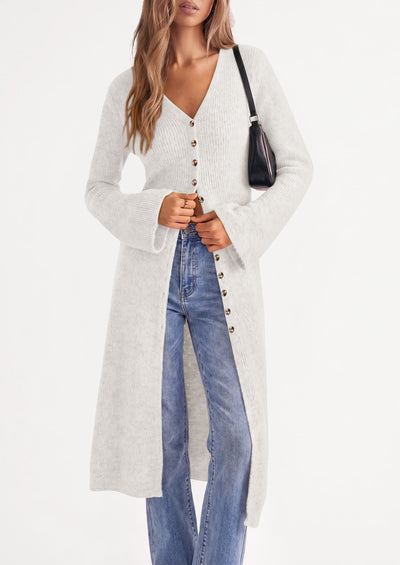 PRETTYGARDEN Women Long Cardigan Bell Sleeve Sweater Dress  Early Fall Fashion, V Neck Button Down Coats, Fit and Flare, Duster Sweater, Business Casual Outfits, Acrylic Cotton Blend