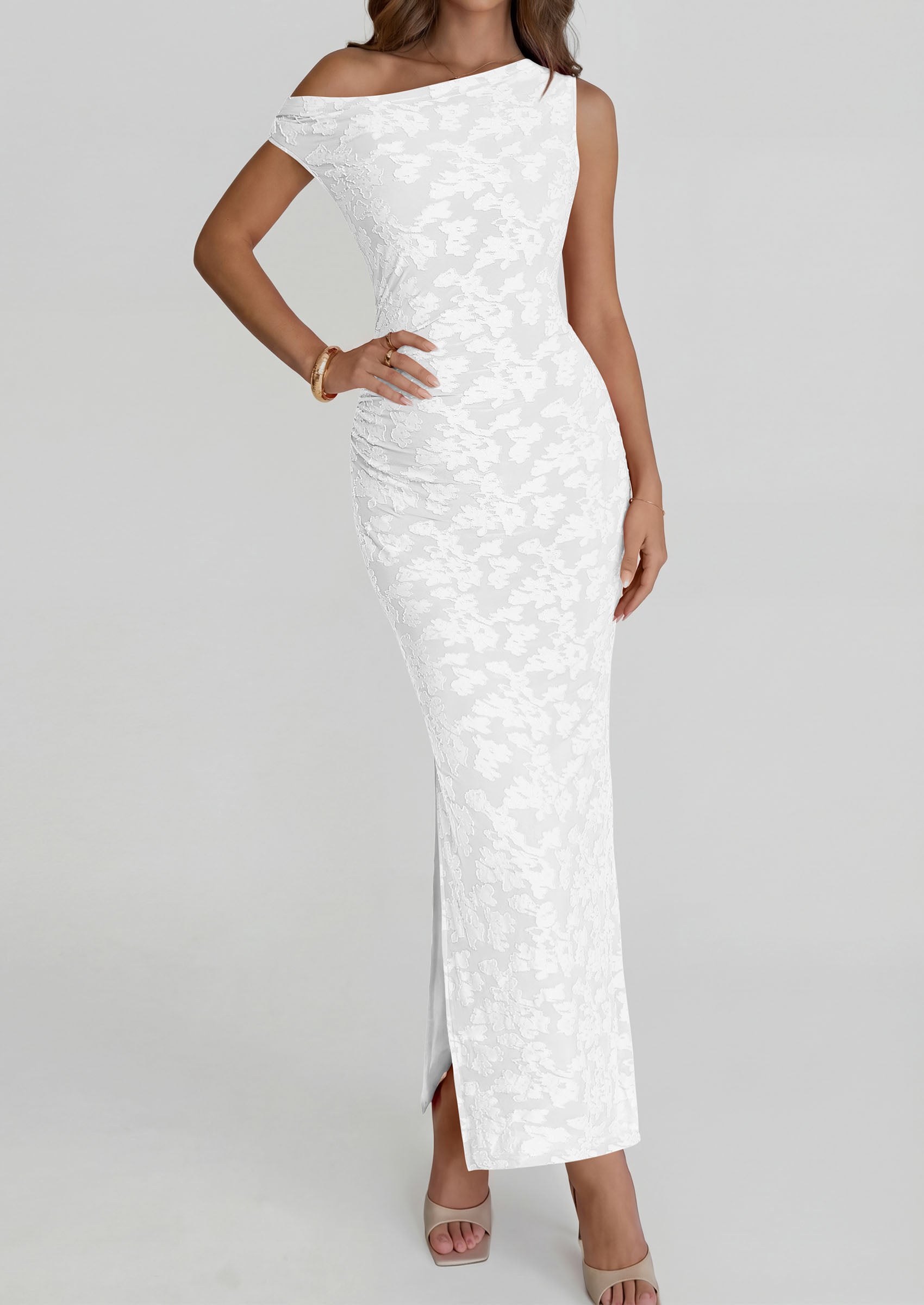 PRETTYGARDEN Womens Floral One Shoulder Maxi Dress 2026 Summer Spring Bodycon Ruched Side Slit Elegant Cocktail Party Dresses PRETTYGARDEN