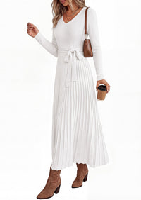PRETTYGARDEN Womens Fall Maxi Long Sleeve Sweater Dress  Soft Stretchy Knit, V Neck A Line Dresses with Bow, Flowy Pleated Hem, Cocktail Party Outfits, Trendy Winter Clothes