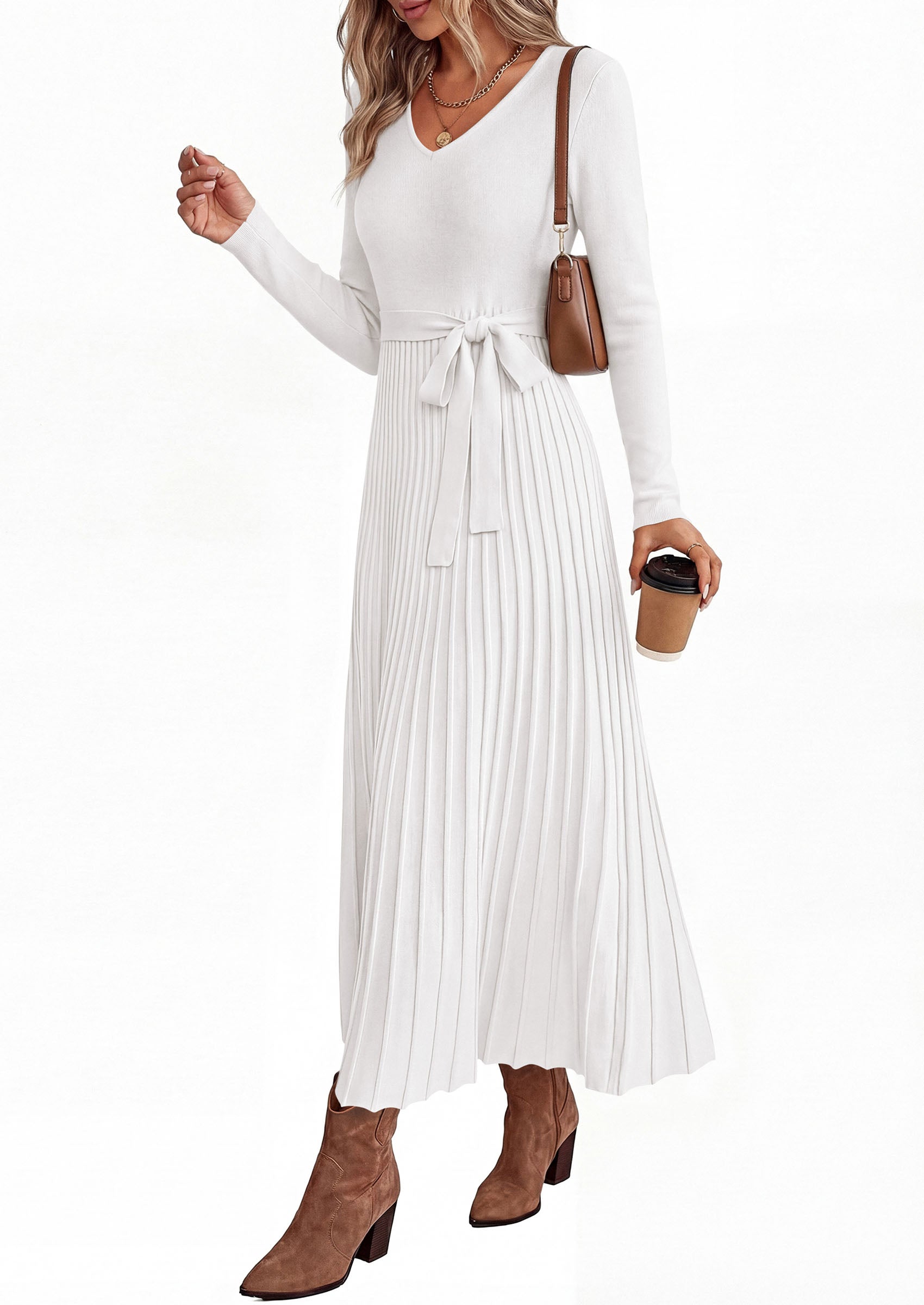 PRETTYGARDEN Womens Fall Maxi Long Sleeve Sweater Dress  Soft Stretchy Knit, V Neck A Line Dresses with Bow, Flowy Pleated Hem, Cocktail Party Outfits, Trendy Winter Clothes